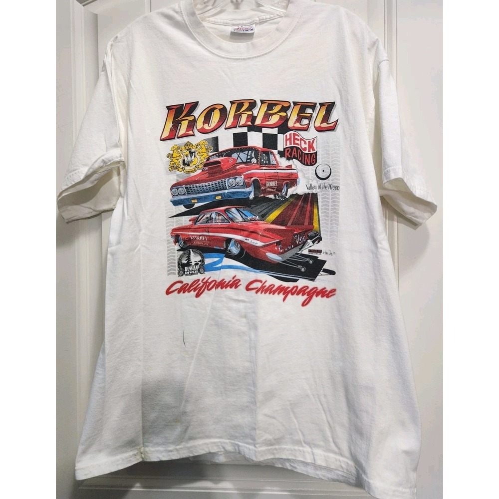 Vintage Hanes Beefy-T Korbel California Champagne Heck Racing Graphic Shirt L
